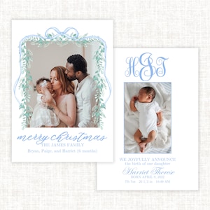 Carte de Noël photo d’annonce de naissance à l’aquarelle, guirlande et ruban bleu Noël classique, carte de vacances grand millénaire, monogramme élégant