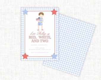 May include: A patriotic invitation with a watercolor illustration of a child holding an American flag. The invitation features red and blue stars, a red border, and the text "Lee Phillip is RED, WHITE, AND TWO". The background is a light blue gingham pattern.