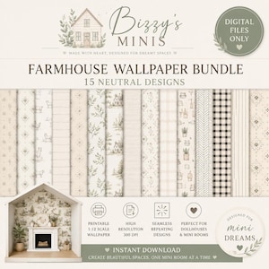 Può includere: Un pacchetto di carta da parati digitale in stile rustico con 15 design neutri per case delle bambole in scala 1:12. La collezione include motivi botanici, a quadri, vichy e paesaggistici in beige, bianco e nero, in file ad alta risoluzione.