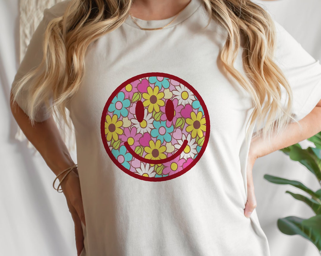 Smiley Face With Flowers PNG Sublimation, Retro Boho Png, Retro Smile ...