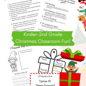 May include: A colorful Christmas-themed educational worksheet for Kinder-2nd grade students. The image features an elf, gift boxes, and text that reads "Christmas Classroom Fun!" and "Elf Mystery Clue". The worksheet includes activities like reading, candy canes, and stocking.