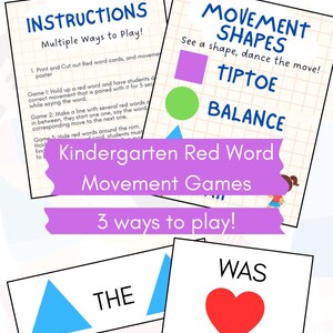 May include: A collection of educational printables for kindergarten. The image features instructions, movement shapes, and red word cards. The cards include shapes, words like "THE" and "WAS", and instructions for games.