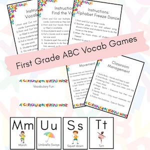 May include: Educational ABC vocab games for first grade students. The image shows instructions for vocabulary, movement, and classroom management. Includes letter cards with words like "March" and "Umbrella Sways".