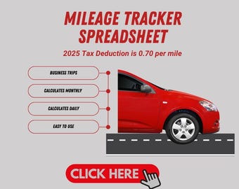 May include: A red car on a road with a white line down the center. The car is partially cut off by a white box with red text that says "Mileage Tracker Spreadsheet". The text below the title says "2025 Tax Deduction is 0.70 per mile". Below the title are four red buttons that say "Business Trips", "Calculates Monthly", "Calculates Daily", and "Easy to Use". A red button at the bottom says "Click Here" with a hand pointing to the button.