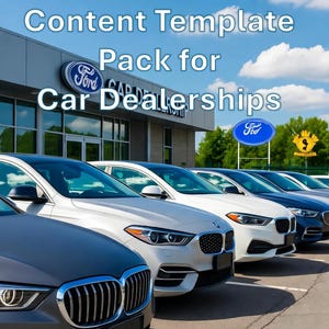 May include: A row of new Ford cars parked in front of a Ford dealership. The image includes the text "Comprehensive Social Media Content Template Pack for Car Dealerships". The sky is blue with some clouds.