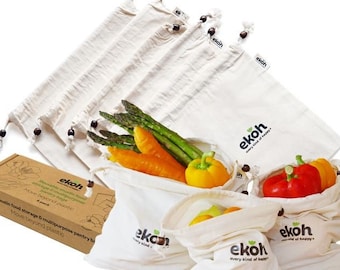 EKOH 6-Pack Organic Cotton Produce Bags - Reusable Eco-Friendly Veggie Bags with Drawstring Closure for Sustainable Shopping - Sandwich Bag
