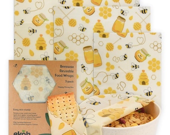 EKOH Återanvändbara Matinpackningar Ekologisk Bomullsmatinpackning - Glad Honungsbi Bivaxtryck 3-pack Bivaxmatinpackningar