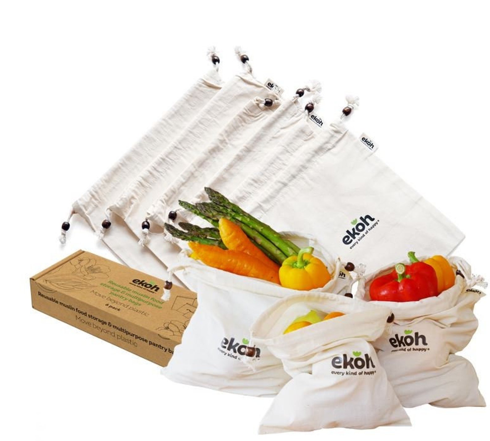 EKOH 6-Pack Organic Cotton Produce Bags - Reusable Eco-Friendly Veggie Bags with Drawstring Closure for Sustainable Shopping - Sandwich Bag