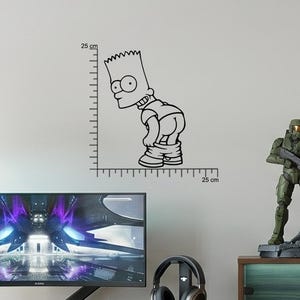 May include: A black wall decal featuring a cartoon character with spiky hair pulling down pants, accompanied by a vertical and horizontal measuring scale marked with 25 cm labels at the ends of the ruler lines to indicate height and width.