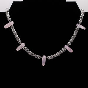Chain Maille Byzantine Necklace with Rose Quartz Spears Handmade