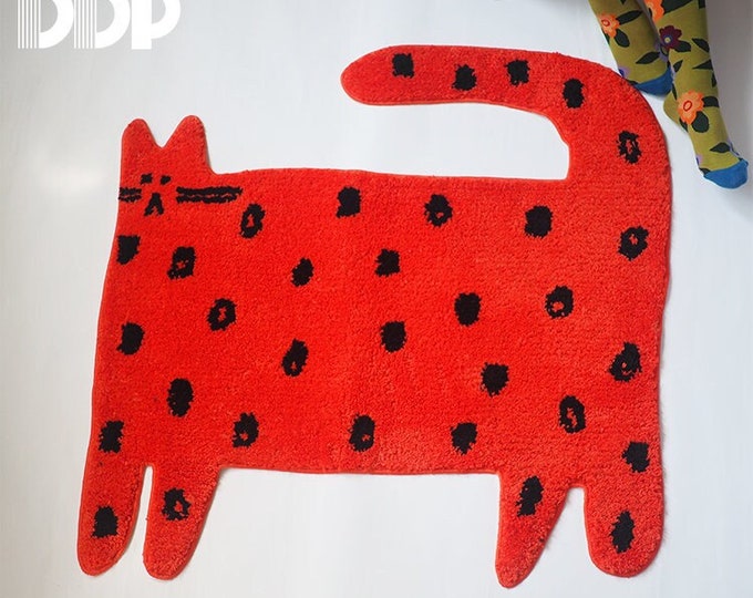Handmade Tufted Orange Cat Rug, Shed Resistant Area Rug, Door Mat