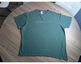 ヴィンテージ トミージーンズ Tシャツ メンズ ミディアム グリーン スペルアウトロゴ Y2K 90年代 ストリートウェア