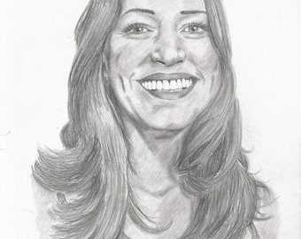 May include: A black and white pencil drawing of a woman with long hair smiling. The drawing is signed "TLCUMMINES 2023".