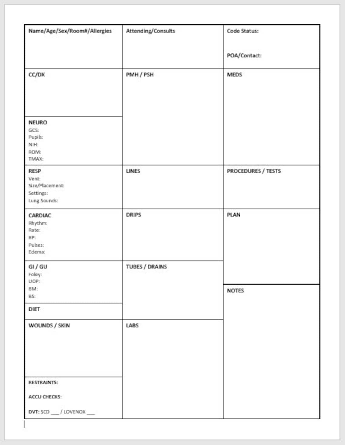 ICU RN Nurse Report Sheet, Intensive Care Unit RN Nursing Report Sheet