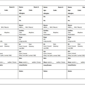 May include: A blank medical chart form with sections for patient information, including name, room number, age, code, allergies, diagnosis, history, neurologic status, cardiac status, respiratory status, gastrointestinal status, genitourinary status, skin status, musculoskeletal status, lines and drains, and notes.