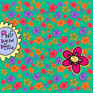 May include: A digital pattern featuring a vibrant teal background covered in small, hand-drawn style flowers in shades of pink, orange, and purple. A yellow sun-shaped badge displays the text PNG Digital Download, and a large pink flower icon.