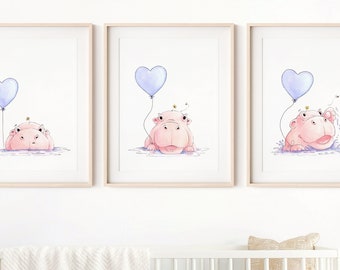 Hippo Nursery Wall Art Set, Pink Hippo & Balloons Print, Baby Animal Poster, Baby Room Wall Decor, Safari Nursery Decor [ DIGITAL DOWNLOAD ]
