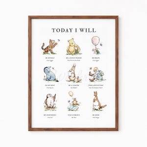 Digital nursery wall art featuring Winnie the Pooh and friends with daily affirmations like "Be Brave" and "Stay Curious." This charming "Today I Will" poster encourages kindness and confidence in kids. Perfect for baby rooms or toddler bedrooms. Instant download for easy home printing and decor.