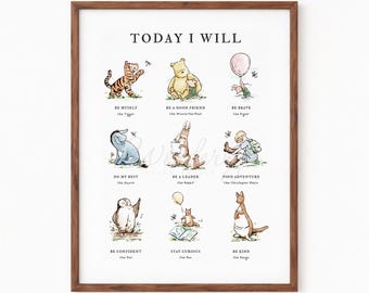 Today I Will, Winnie the Pooh Nursery Decor, Pooh Affirmations Poster, Affirmations Prints for Kids, Classic Nursery Art, DIGITAL DOWNLOAD