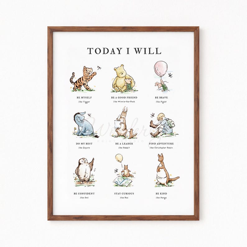 Digital nursery wall art featuring Winnie the Pooh and friends with daily affirmations like "Be Brave" and "Stay Curious." This charming "Today I Will" poster encourages kindness and confidence in kids. Perfect for baby rooms or toddler bedrooms. Instant download for easy home printing and decor.