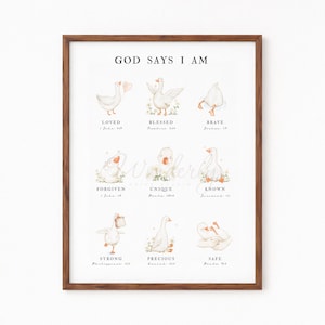 May include: A framed print with a brown wooden frame. The print features illustrations of geese with various affirmations such as "Loved," "Blessed," and "Brave." The text "GOD SAYS I AM" is at the top. The print is on a white background.