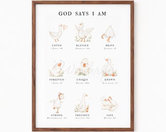 Dios dice que soy, póster de Silly Goose, arte de pared con afirmaciones para niños, decoración de habitación con versículos bíblicos, decoración cristiana para guardería [DESCARGA DIGITAL]