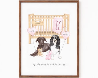 Arte de acuarela personalizado para mascotas para guardería / Recuerdo personalizado para guardería / Regalo para baby shower / Decoración de pared para guardería de perros / Póster de anuncio de bebé