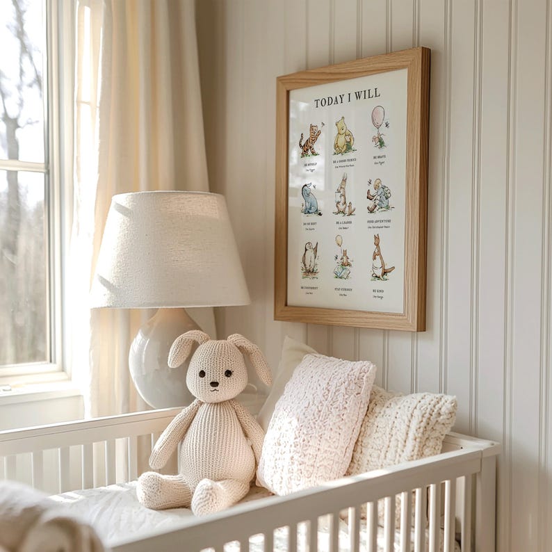 Cute and cozy nursery wall art with the message “Today I Will” and delightful Pooh-themed illustrations. Promotes good habits and gentle encouragement for toddlers and young children. A printable decor option for parents who value charm and thoughtful design.