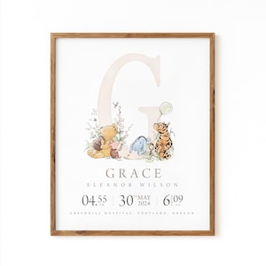 Detalles del nacimiento del bebé Winnie the Pooh, estadísticas del nacimiento del bebé Pooh, inicial del nombre del bebé, anuncio de llegada, arte mural para la habitación de los niños / DESCARGA DIGITAL