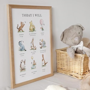 Whimsical “Today I Will” poster with Winnie the Pooh characters including Piglet, Tigger, and Eeyore. Inspires children with positive values such as being brave, staying curious, and doing their best. Ideal for kids’ rooms and nurseries. Digital printable wall art from Wonderly Print Studio.