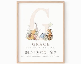 Winnie The Pooh Baby Birth Details, Pooh Bear Baby Birth Stats, Baby Name Initial, Arrival Announcement, Nursery Wall Art | DIGITAL DOWNLOAD
