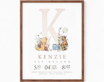 Detalles del nacimiento del bebé de Winnie the Pooh, estadísticas del nacimiento del bebé oso Pooh, inicial del nombre del bebé, anuncio de llegada, decoración de pared para la habitación del bebé / DESCARGA DIGITAL