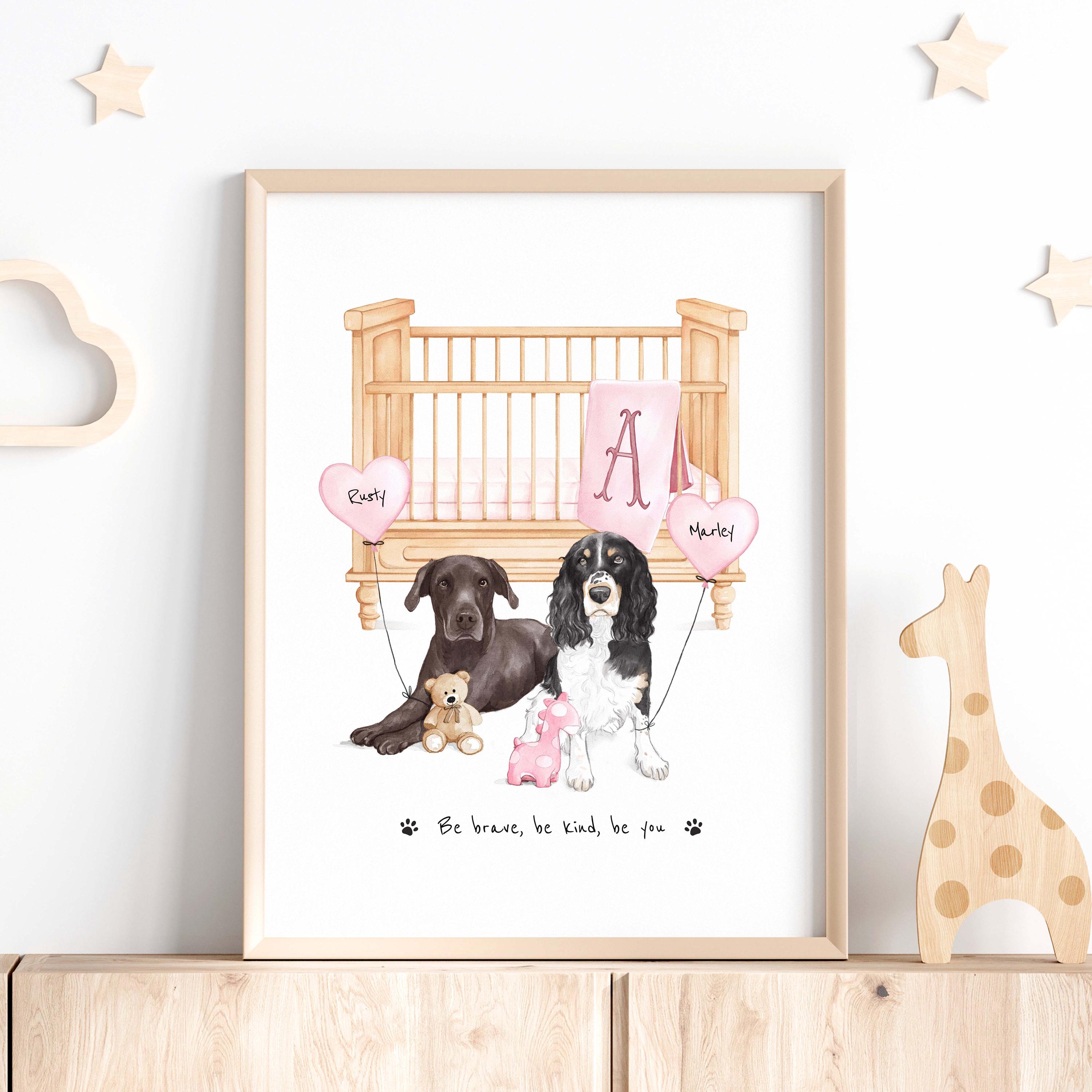 Custom Pet Art for Nursery, Dog Nursery Wall Art, Baby Announcement Poster, Personalized Watercolor Nursery Keepsake, Baby Room Decor