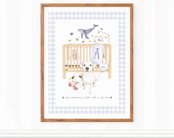 May include: A framed wall art print featuring a watercolor illustration of a light-colored dog sitting next to a plush toy in front of a wooden crib. Above the crib, a whale and mobile hang. A heart balloon reads Violet and text reads Every adventure is better with a side kick.