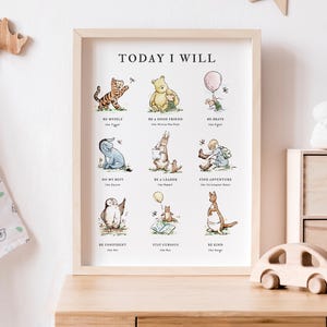 Uplifting “Today I Will” quote poster in watercolor style with Winnie the Pooh, Christopher Robin, and friends. Great for nursery decoration or preschool classroom art. Encourages daily positivity and growth. Available as a high-resolution digital download.