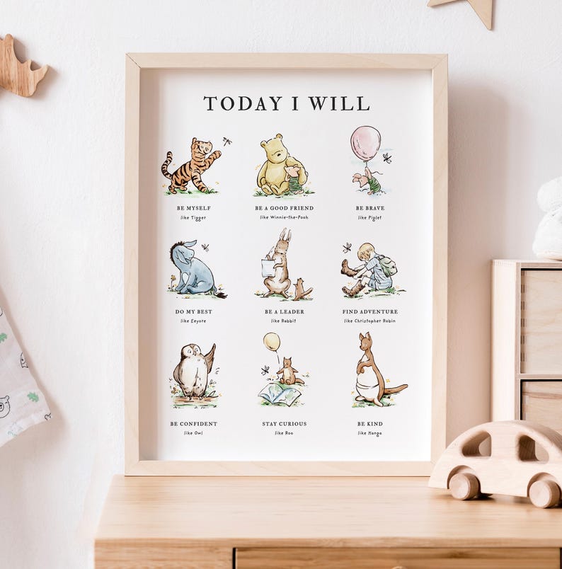 Uplifting “Today I Will” quote poster in watercolor style with Winnie the Pooh, Christopher Robin, and friends. Great for nursery decoration or preschool classroom art. Encourages daily positivity and growth. Available as a high-resolution digital download.