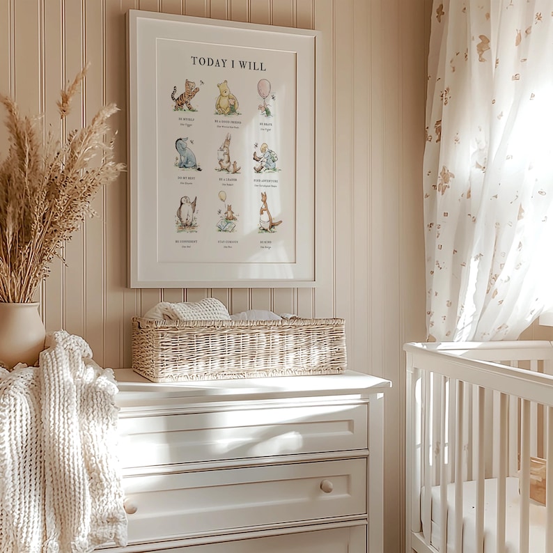 Framed wall art with “Today I Will” intentions like “Be Kind” and “Do My Best” with classic Pooh characters. Adds warmth and moral lessons to nurseries or play areas. Easy to download and print at home for charming and meaningful nursery decor.