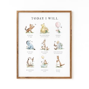 Today I Will, Winnie the Pooh Nursery Decor, Pooh Affirmations Poster, Affirmations Prints for Kids, Classic Nursery Art, DIGITAL DOWNLOAD
