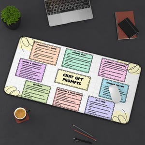 May include: A white mousepad with a grid pattern and colorful boxes labeled "Productivity & Work," "Business Ideas," "Learning & Research," "Writing & Creativity," "Lifestyle," "Marketing & Social Media," "AI & Tech," and "Problem Solving." The text "Chat GPT Prompts" is in the center.
