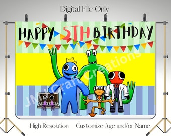 May include: A digital backdrop for a 5th birthday party featuring four cartoon characters. The characters are blue, green, red, and orange. The backdrop is yellow, green, and blue with the text "HAPPY 5TH BIRTHDAY".