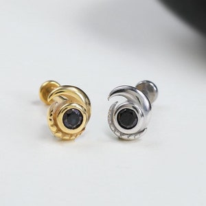 14K Gold Plated Evil Eye Black Spinel Stud Earring, 925 Sterling Silver Gemstone Earlobe Stud, Helix Conch Cartilage Stud, Flat Back.