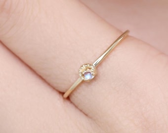 14K Solid Gold Moonstone Ring, Gold Moonstone Solitaire Band, Minimalist Stackable Ring, 14K Gold Promise Ring, Handmade Ring, Gift for Her