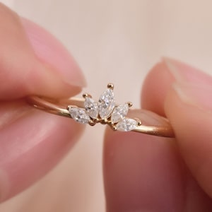 Anillo de moissanita real marquesa de oro macizo de 14 quilates, anillo de promesa con corona marquesa, anillo de flor de loto, anillo de compromiso pequeño, anillo de boda, anillo de tiara