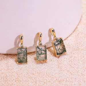 14k Solid Gold Moss Agate Pendant Necklace, Solid Gold Rectangular Moss Agate Pendant, 14K Gold Solitaire Natural Moss Agate Necklace