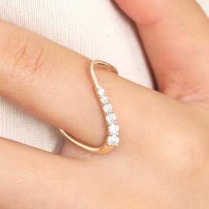 14K Solid Gold Chevron Diamond Band Promise Ring, Solid Gold Diamond Curved V Shaped Stackable Ring, Gold Minimalist Clear Gemstone Ring