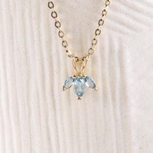 14K Solid Gold London Blue Topaz Leaf Necklace Pendant, Trio Marquise Gemstone Choker Chain,  December Birthstone Layered Necklace