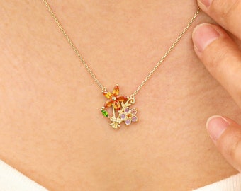 14k Solid Gold Bouquet Necklace, Orange Sapphire Necklace, Moonstone Flower Necklace, Marquise Diopside necklace, Gift for Mom