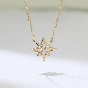 14K Solid Gold North Star with Diamond Pendent Necklace, Solid Gold Star of David Pendant, Gold Shining Cubic Zirconia Celestial Pendant