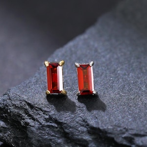 14K Gold Plated Red Garnet Stud Earring, 925 Sterling Silver Baguette Shining Garnet Earring, Silver Helix Conch Cartilage Stud Earring