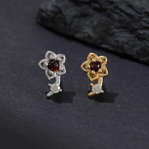 Garnet Moissanite Flower Stud Earring, 925 Silver Botanical Gemstone Threadless Push Pin, Dainty Cartilage Helix Tragus Lobe Piercing